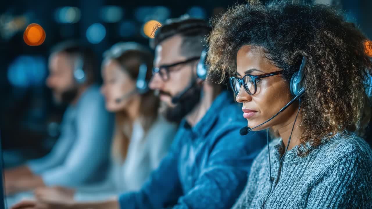 Focused Customer Service Professionals Engaged in Resolving Client Issues in a Modern Office Environment with Headsets and Advanced Technology