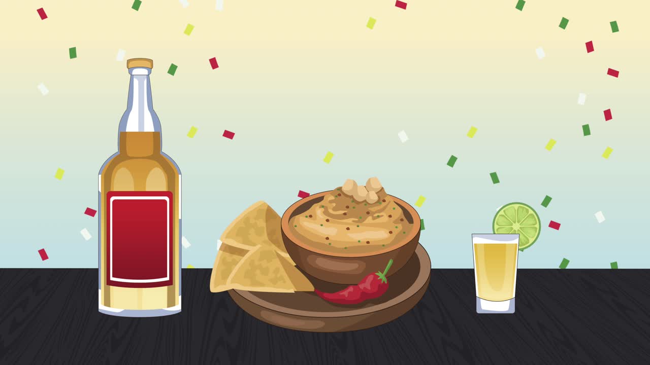 celebración mexicana con tequila y nachos