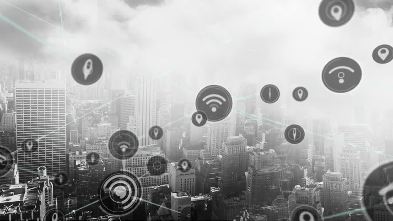 animación de iconos digitales con una red de conexiones sobre el paisaje urbano