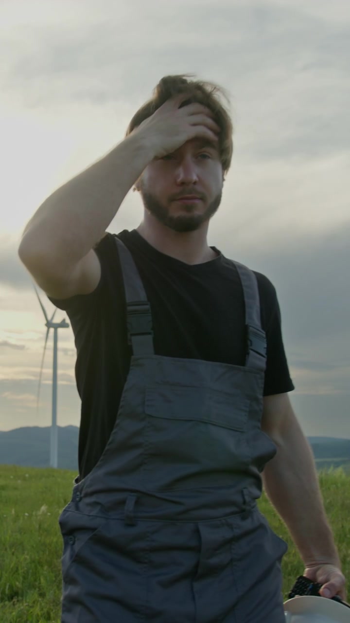 Uomo con tuta da lavoro e cappello cammina attraverso un campo verde con colline e cielo nuvoloso sullo sfondo.