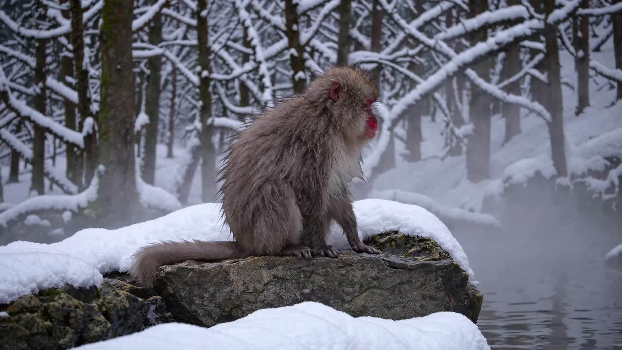 Uma foto lateral de um macaco-da-neve sentado em uma pedra perto de uma fonte termal enevoada
