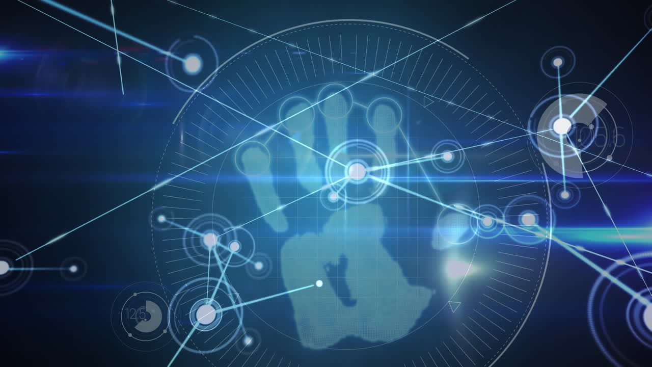 파란색 배경에 스 ⁇ 과 손자국을 가진 연결 네트워크의 애니메이션