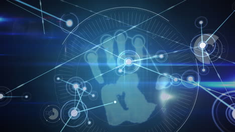 animation of network of connections with scopes and handprint on blue background