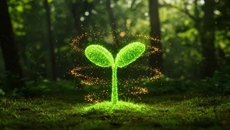 beautiful green sprout emerges from the forest floor surrounded by sparkling light in the morning sun