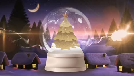 Golden-shooting-stars-spinning-around-christmas-tree-in-a-snow-globe-against-winter-landscape