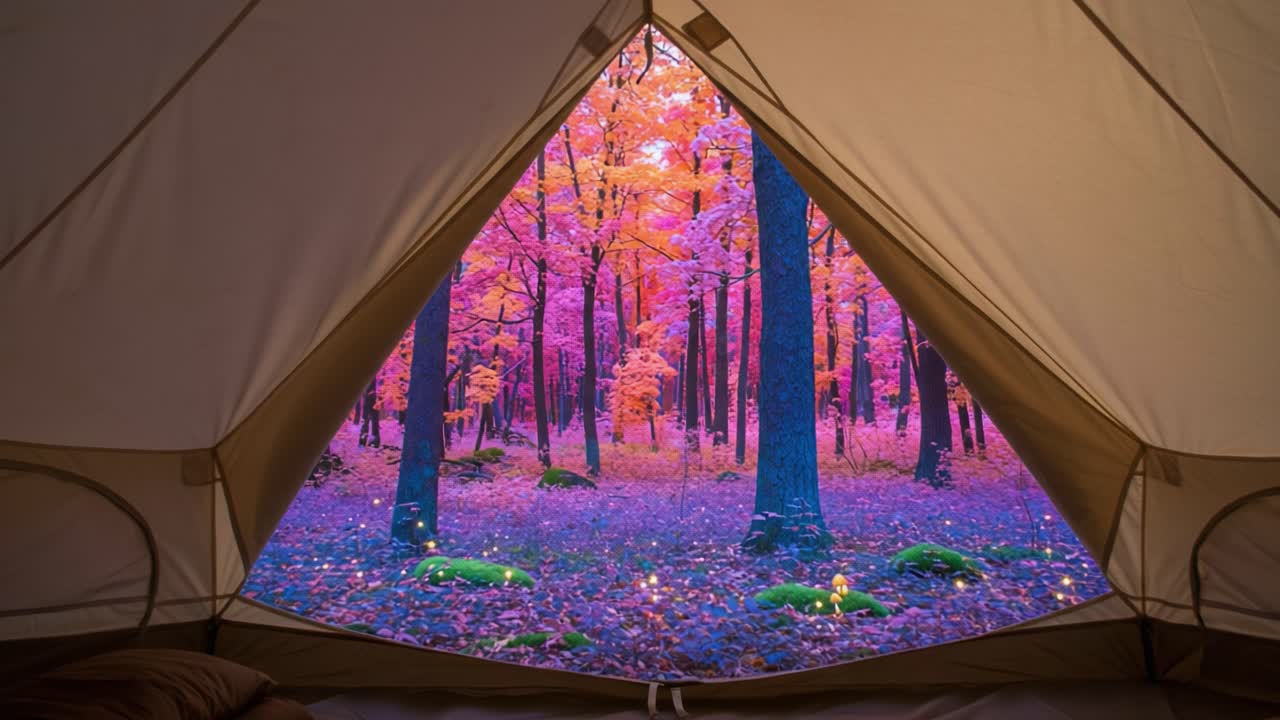 A Vibrant Autumn Scene Framed by a Cozy Tent: A Glimpse of Nature's Colors and Tranquility Through a Large Tent Opening Surrounded by Trees