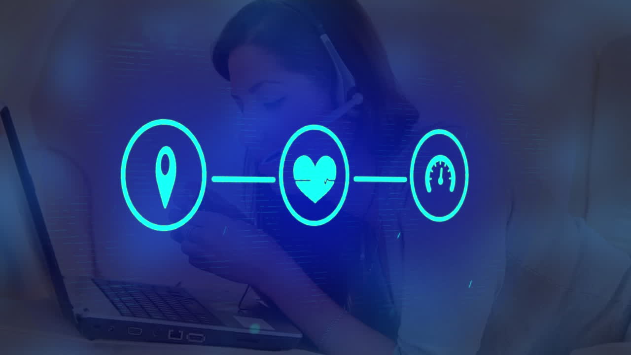 red de iconos de conexión contra mujer hablando en auriculares de teléfono