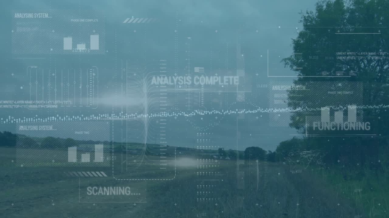 Animation of interface with data processing over grassland against blue sky