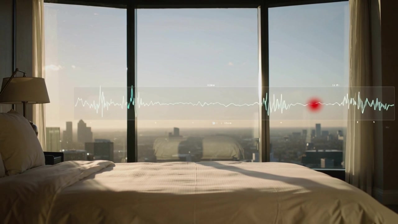 Sovrapposizione di dati iniziale su piumone di letto matrimoniale in suite di grattacielo, con forma d'onda e sfera rossa che segnano il picco.