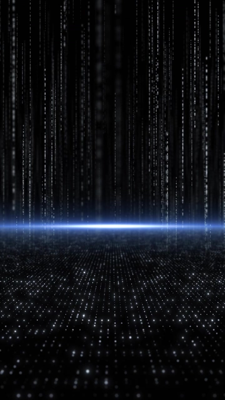 Black white digital rain background falling code columns dotted ground perspective bright horizon