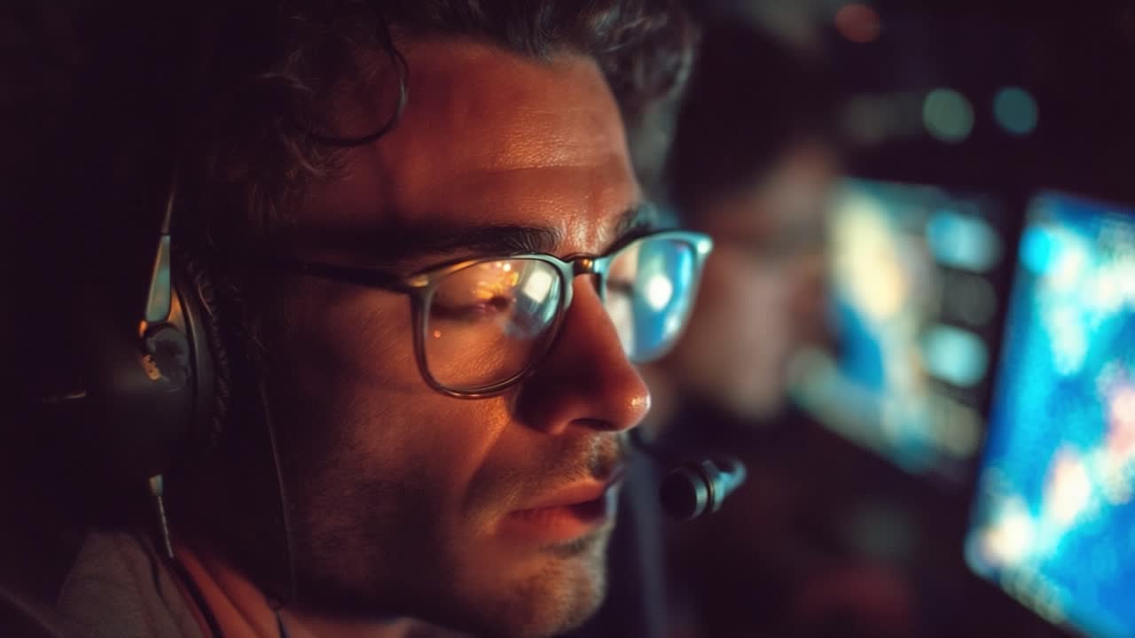 Intense Focus of a Gamer in a Dark Room: A Close-up on the Eyes of a Dedicated Player and Teamwork in an Immersive Gaming Environment Amidst Screens and Technology