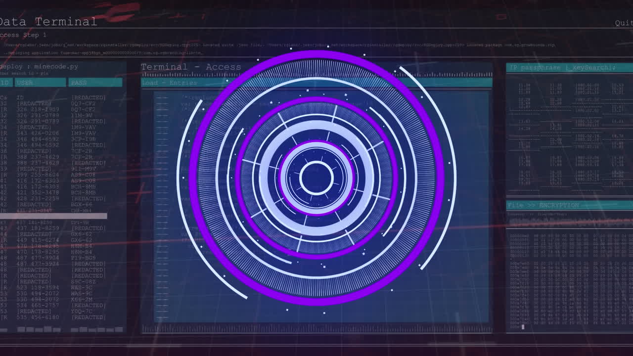 animación del escáner redondo y la interfaz con el procesamiento de datos contra un fondo azul
