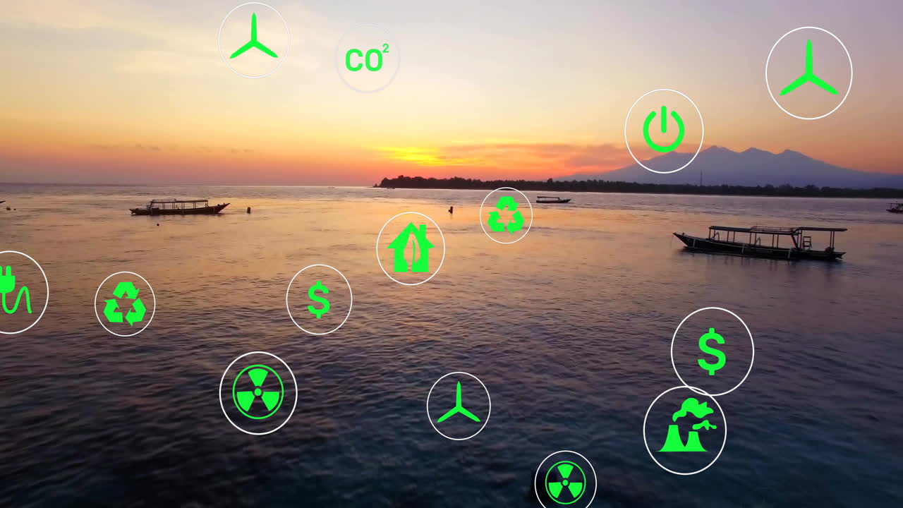 Flat design coastal sunset showing boats drifting on calm water among floating green eco icons