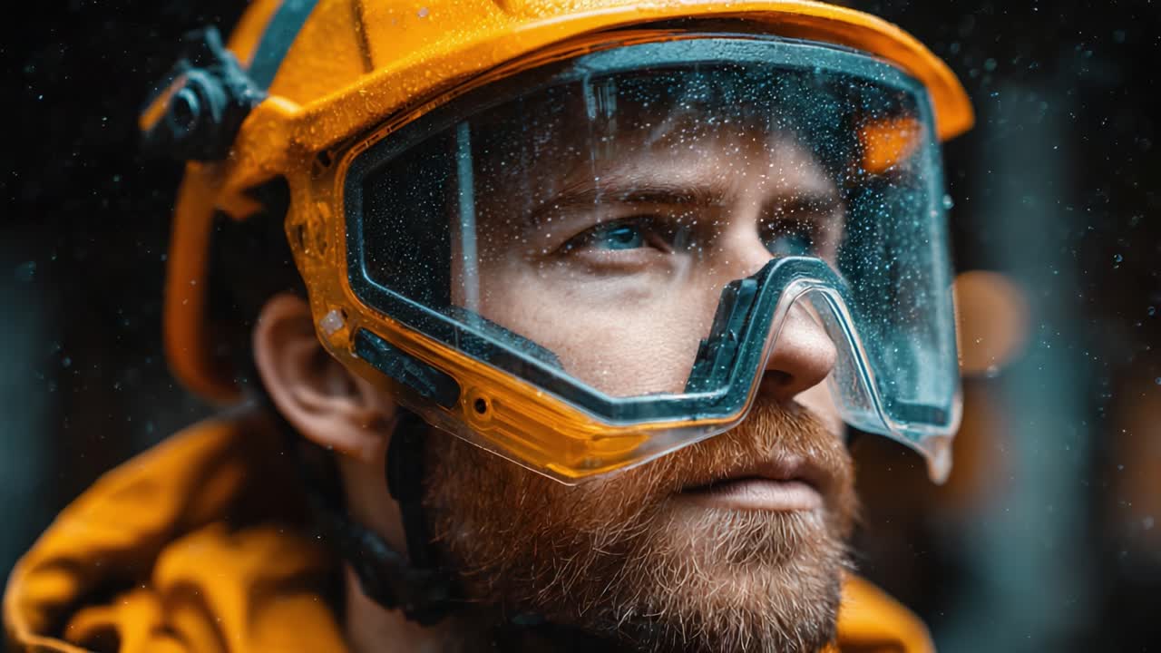 Focused and Determined: A Portrait of a Safety-Conscious Individual in Protective Gear, Ready to Face the Elements with Confidence and Resolve Amidst Rainy Conditions