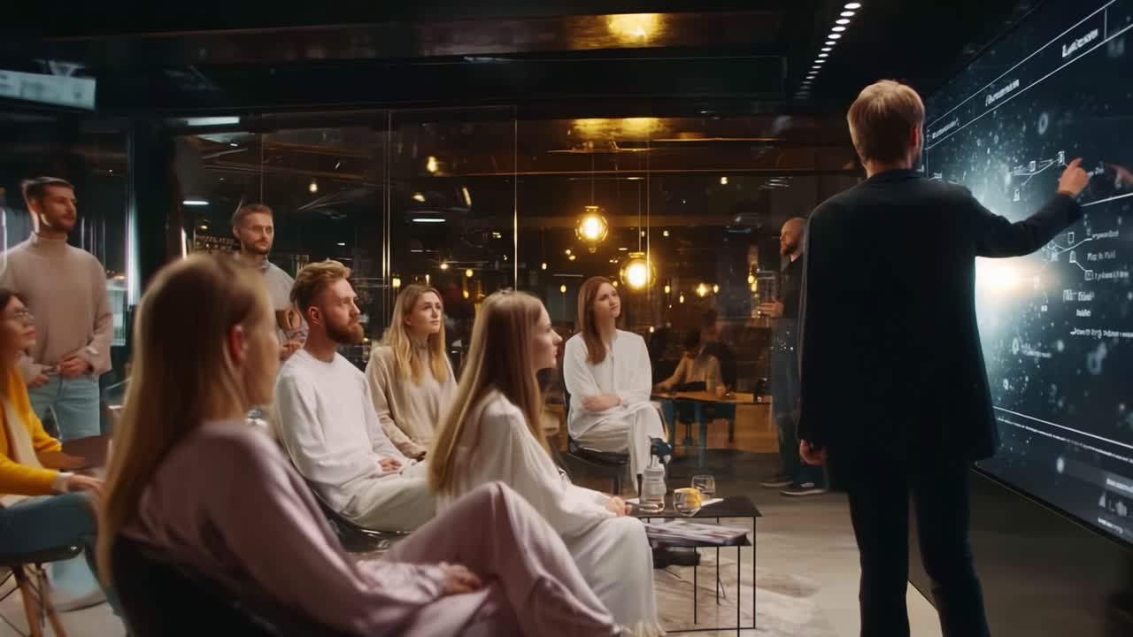 Un gruppo di persone coinvolte ascolta attentamente un relatore che fornisce approfondimenti tramite un display interattivo, trasmettendo informazioni in un ambiente moderno e innovativo