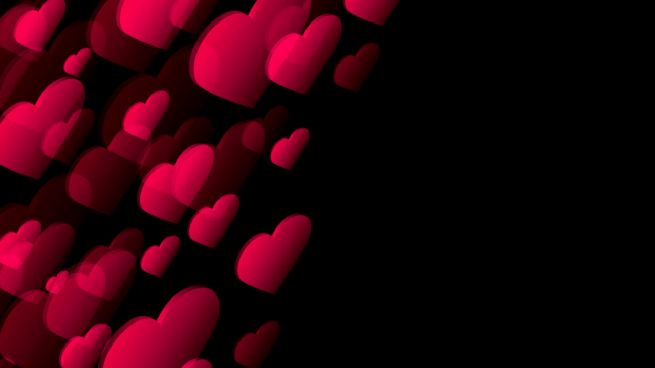 Illustrazione astratta trasparente 3D isometrica di un piatto virtuale a forma di cuore d'amore di San Valentino, con motivo in movimento di colore rosa su sfondo nero, animazione 4K in loop continuo e spazio centrale per il testo