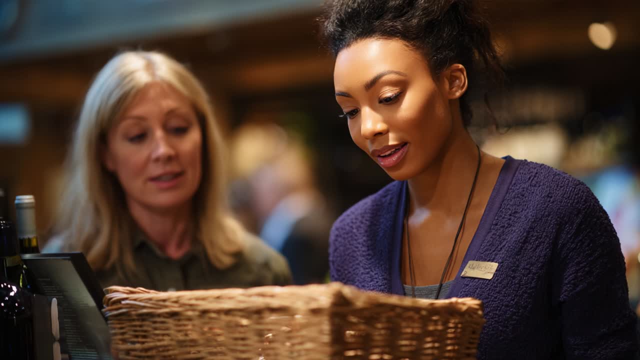 Engaging Interaction Between Two Individuals at a Market, One Woman Deliberately Examining Contents of a Basket While the Other Observes with Interest, Creating a Moment of Curiosity and Connection