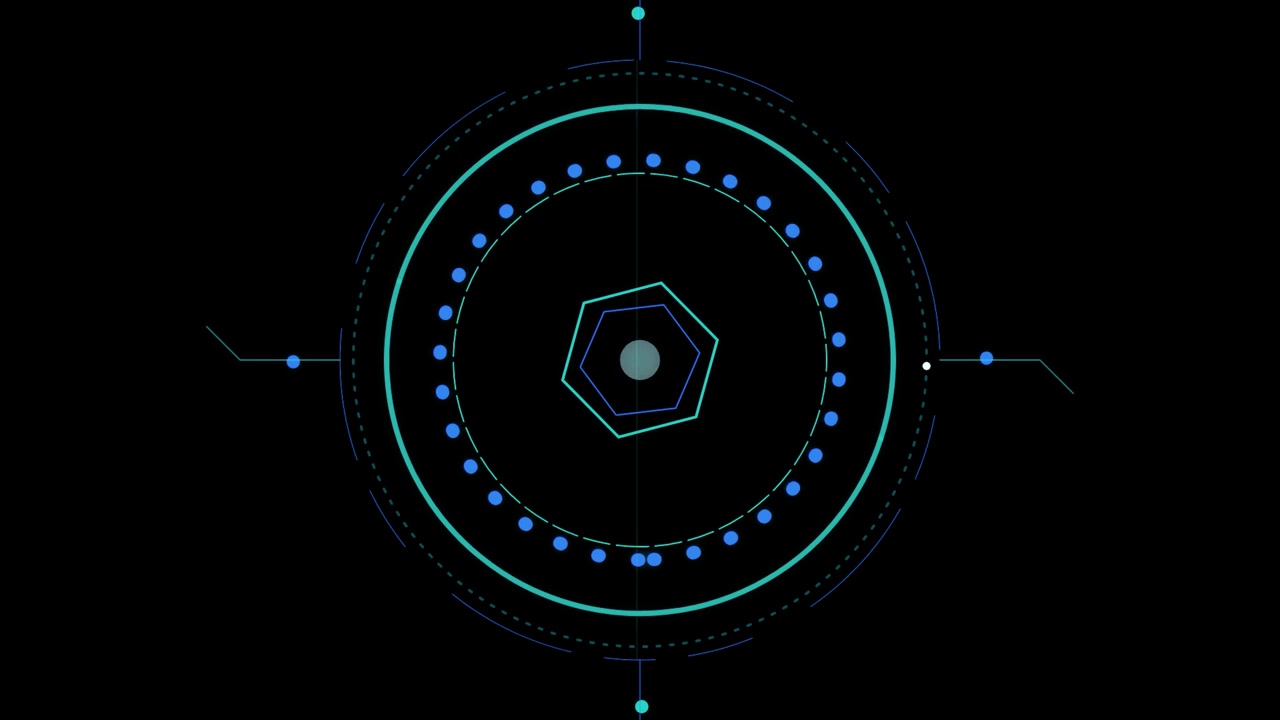 Abstract Digital HUD Interface with Rotating Hexagon and Circular Elements