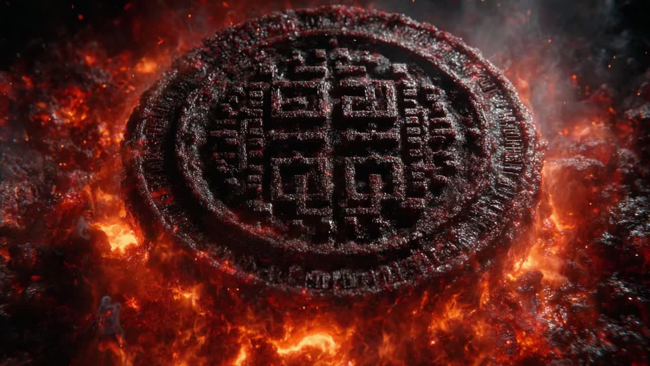 A Fiery Emergence: An Intricate Circular Symbol Surrounded by Lava and Flames, Capturing the Essence of Power and Mystery in an Eruptive Landscape