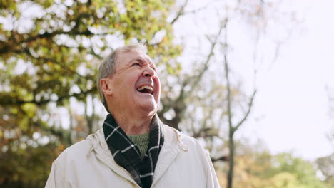 Naturaleza,-Hombre-Feliz-Y-Mayor-En-El-Parque-Con-Una-Sonrisa