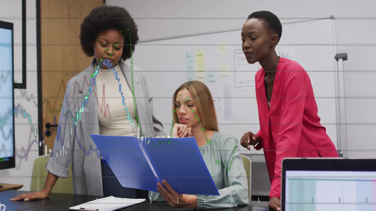 Animation of financial data processing over diverse business people in office