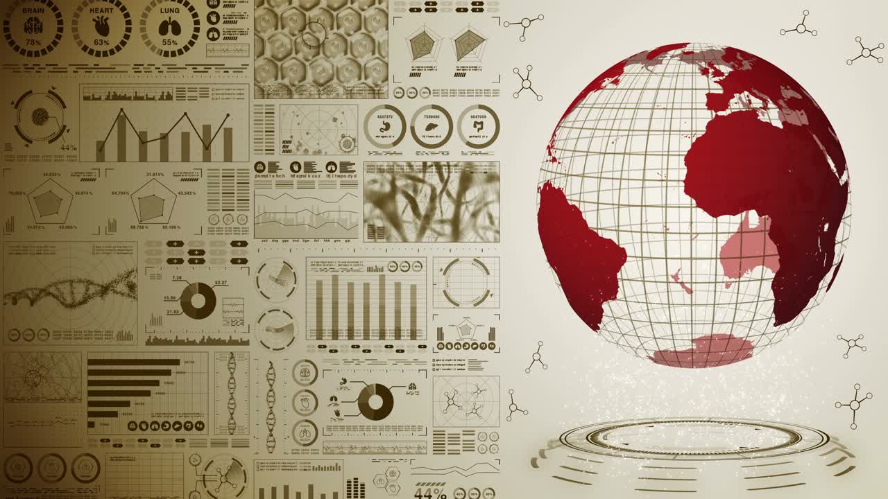 pandemia de infección. tierra global con puntos rojos de infección. holograma médico elementos de datos digitales gráfico. control infeccioso. vírus de curación. animación en bucle.