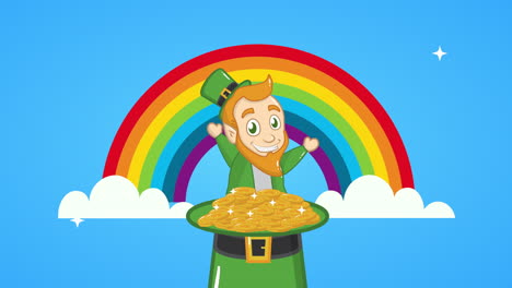 st patricks day animated card with elf and coins in rainbow