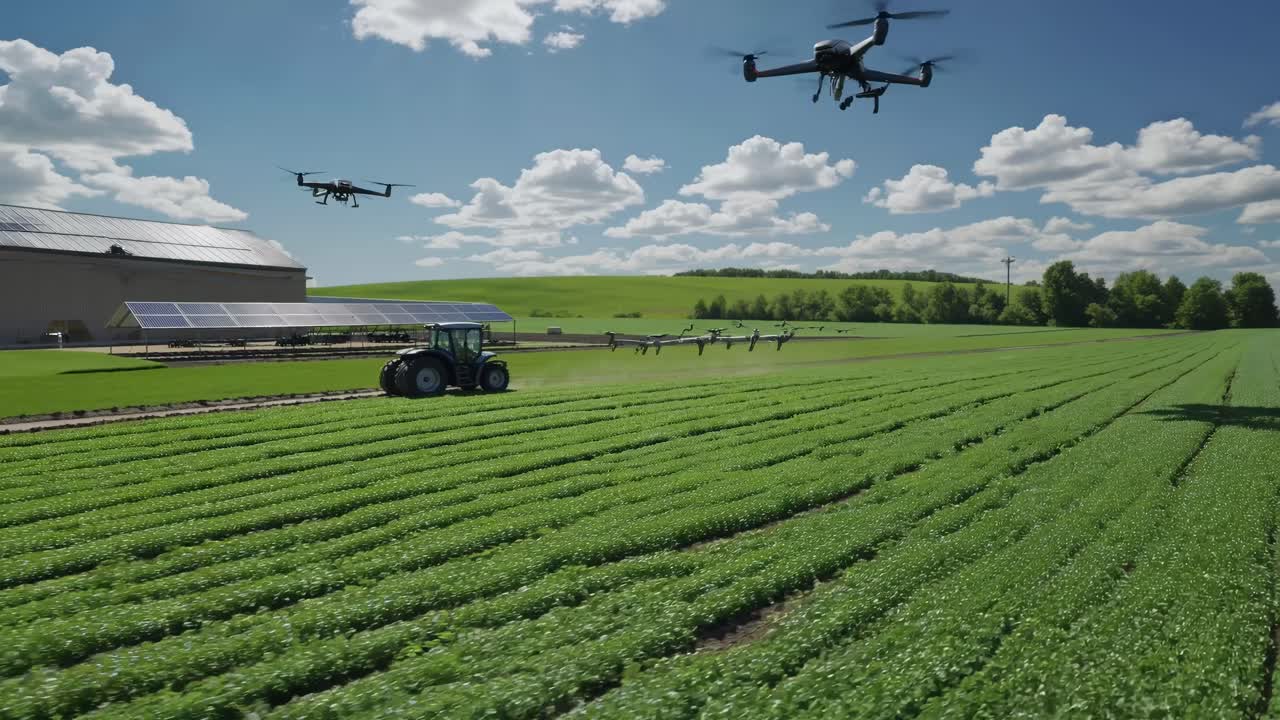 Aerial video of drones flying over a lush green farm field with a tractor, showcasing modern