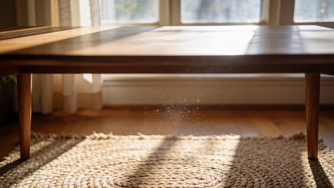 Drifting dust motes circling low wooden coffee table on woven rug near window curtains, sunlight