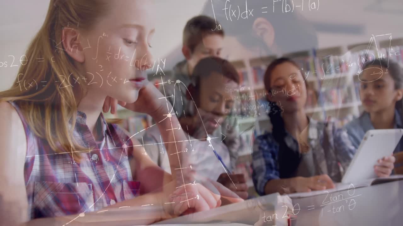 animación de ecuaciones matemáticas sobre niños de escuela usando computadora portátil en el aula