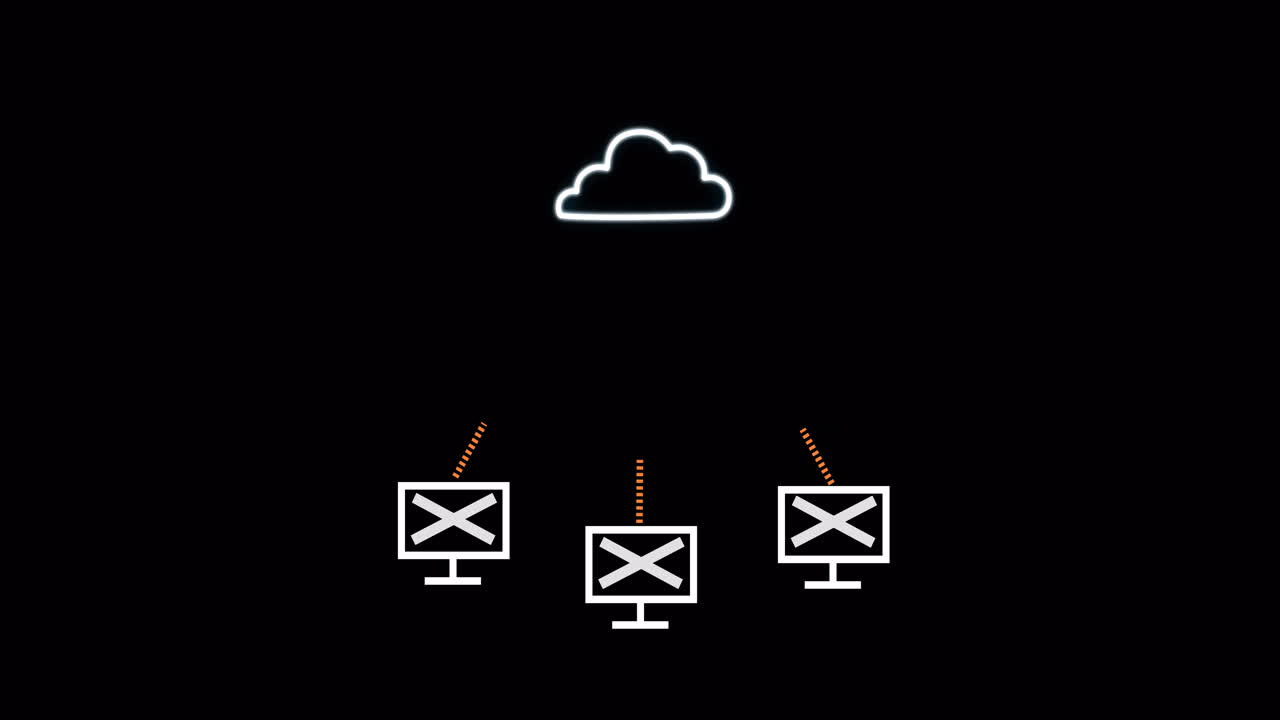 Cloud computing animation with three computers connected to cloud server