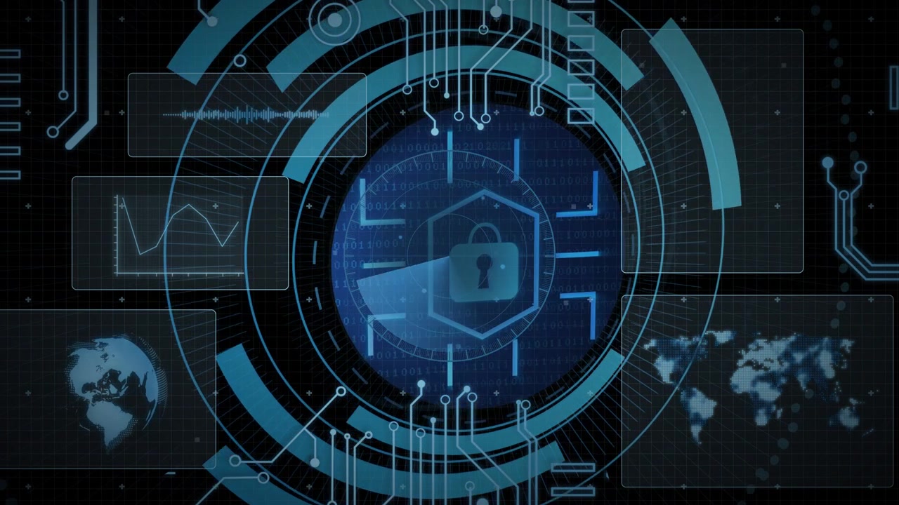 Radial sweep starting, circular security HUD expanding, rotating, revealing hex shield locking data