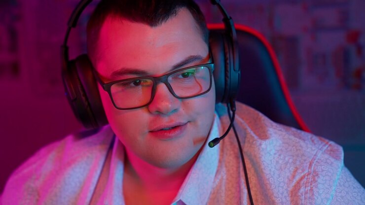 Giovane gamer con cuffie e occhiali sotto la luce al neon