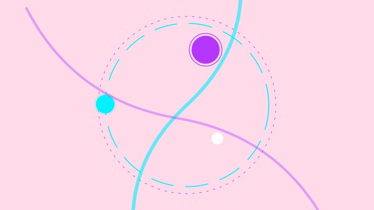 Grafica in movimento astratta con sfere orbitanti e linee ondulate