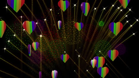 animación de orgullo corazones de arco iris y fuegos artificiales explotando sobre un fondo negro