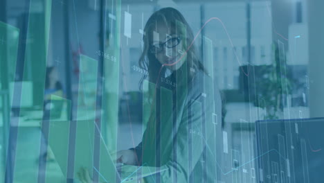 animation of financial data processing over caucasian businesswoman in office