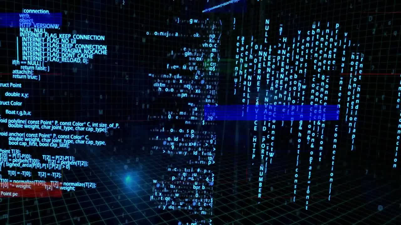 Digitally generated animation of binary codes with sizzling coloured data