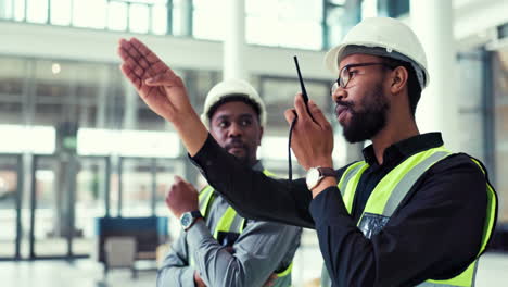 people, teamwork and engineer talking on a walkie