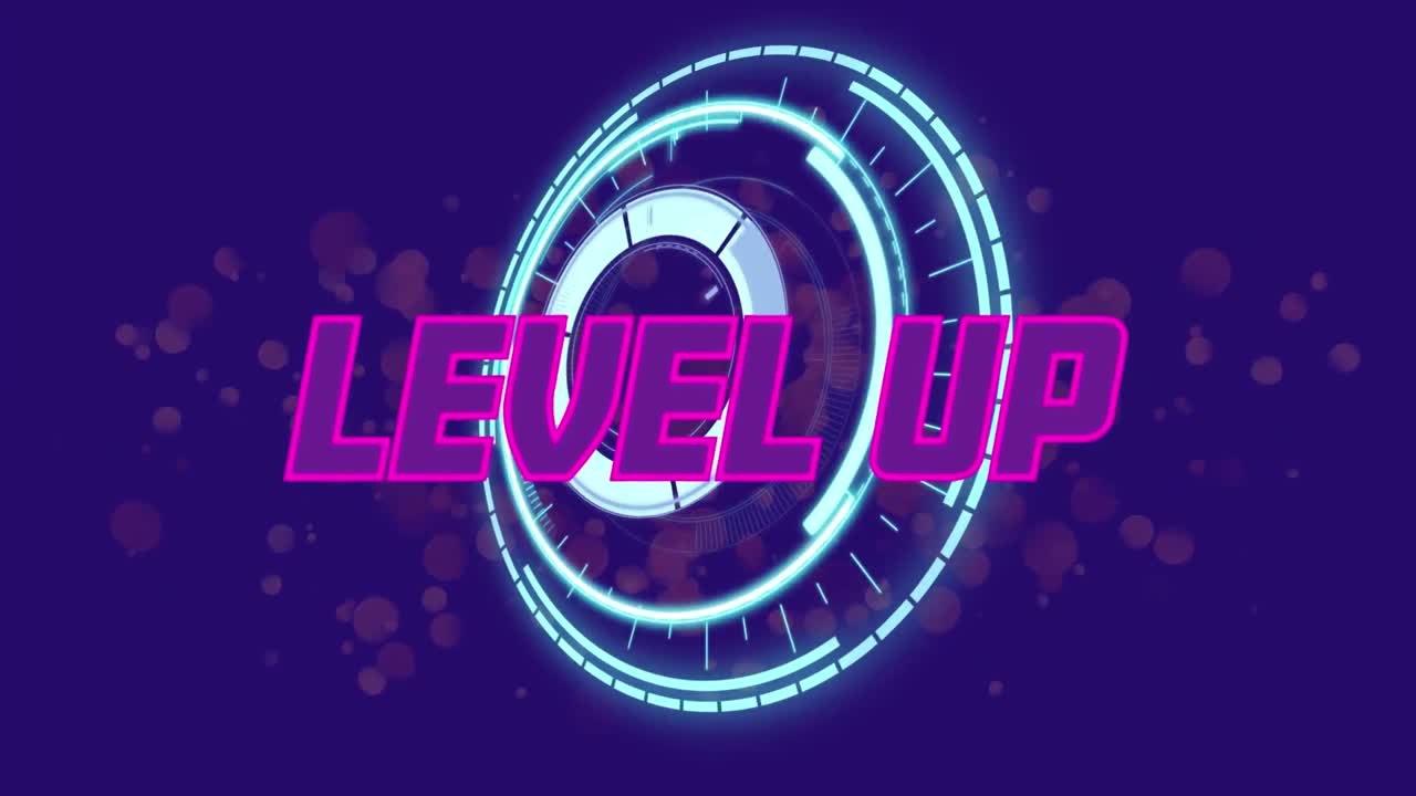 animación de texto de nivel superior sobre el escaneo del alcance y puntos en fondo azul