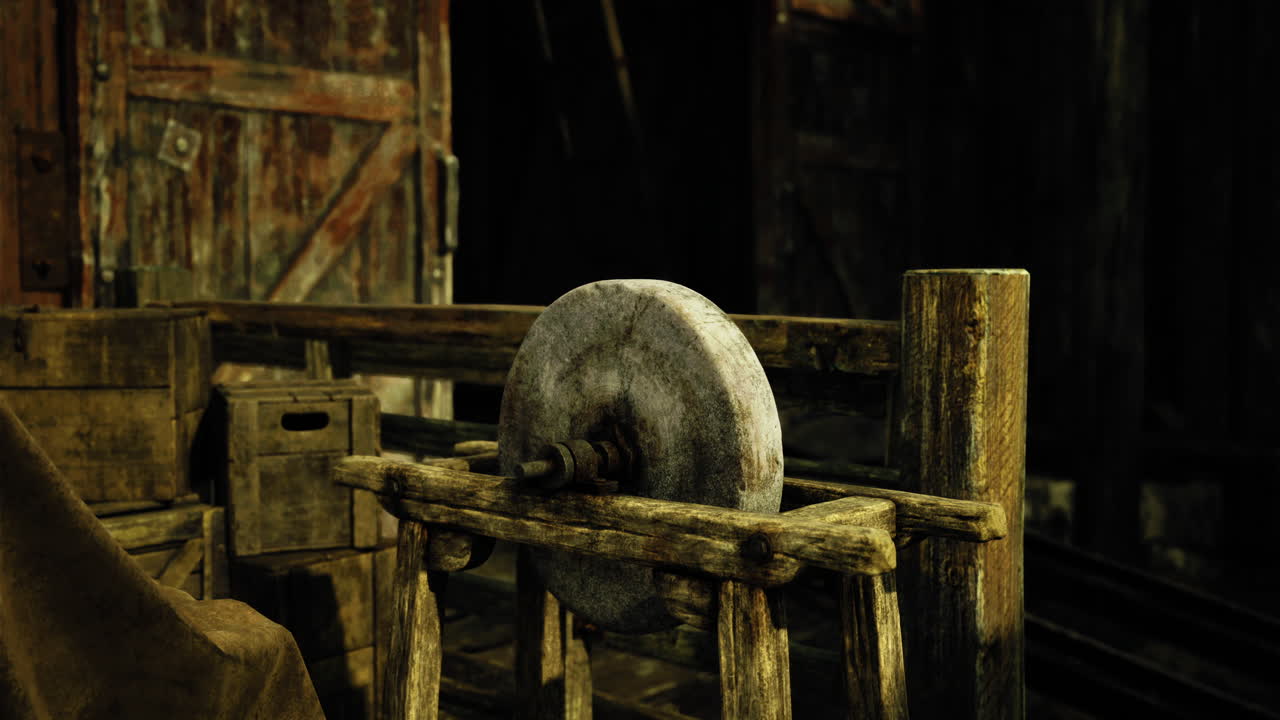 A traditional wooden mill wheel is positioned in a rustic cabin setting