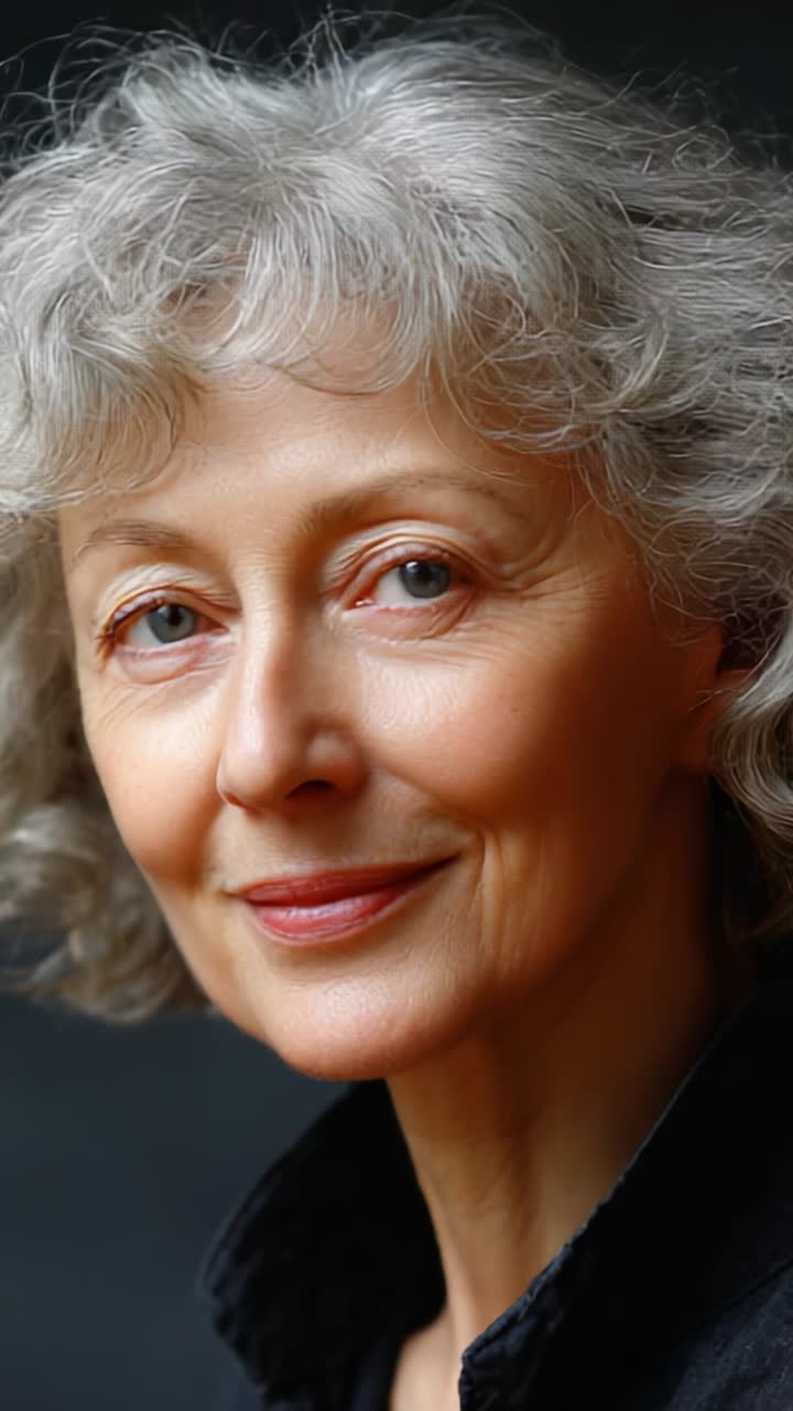 Captivating Close-Up Portrait of a Mature Woman with Silver Hair, Radiating Confidence and Warmth in Gentle Natural Light