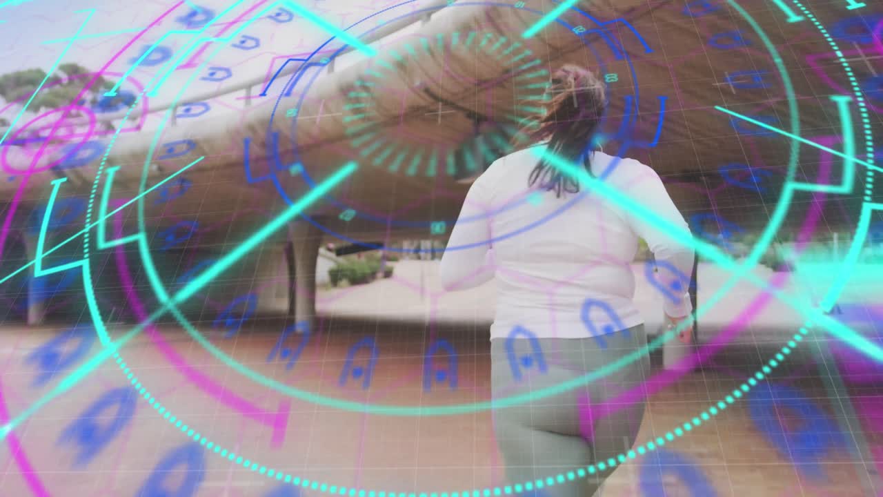 데이터 처리의 애니메이션 플러스 사이즈 백인 여성 도시에서 운동