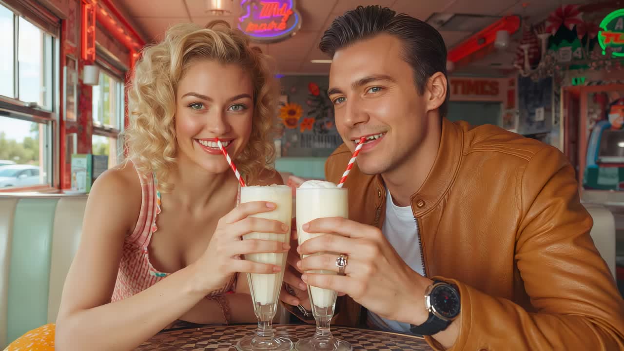 Kamera kadrajı: Pembe atletli, ceketli, milkshake’lerini çizgili pipetlerle içen ve retro bir restoranda flörtleşen bir çift