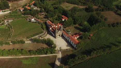 Drone-Shot-Beautiful-Ancient-Monastery-of-Pombeiro-in-Felgueiras,-Portugal