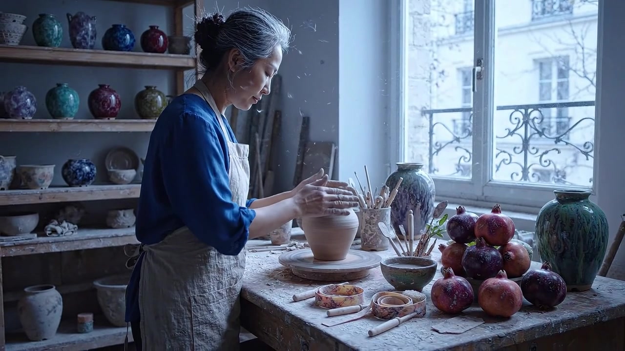 Artigiano che crea ceramiche uniche con elementi naturali in un accogliente studio: un processo sereno di creazione di bellissime ceramiche tra frutta vivace e un ambiente artistico.
