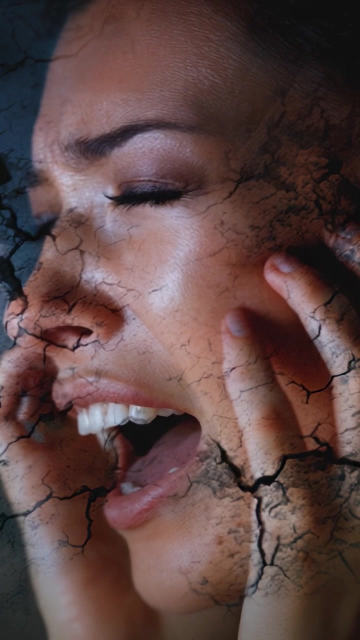 A Struggling Woman Expresses Emotion Through Her Cracked Face, Symbolizing Inner Turmoil and Fragility in a Powerful and Heartfelt Moment of Despair