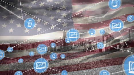 animation of network of media icons over flag of america and cityscape