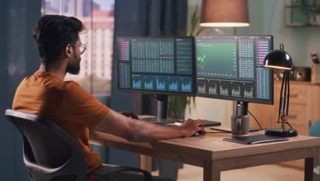 hombre indio analizando gráficos de acciones en la computadora