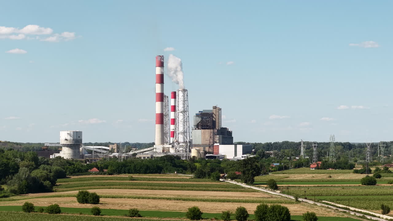 Drone Shot Of Coal Energy Facility In Vast Plain, Power Plant Aerial View