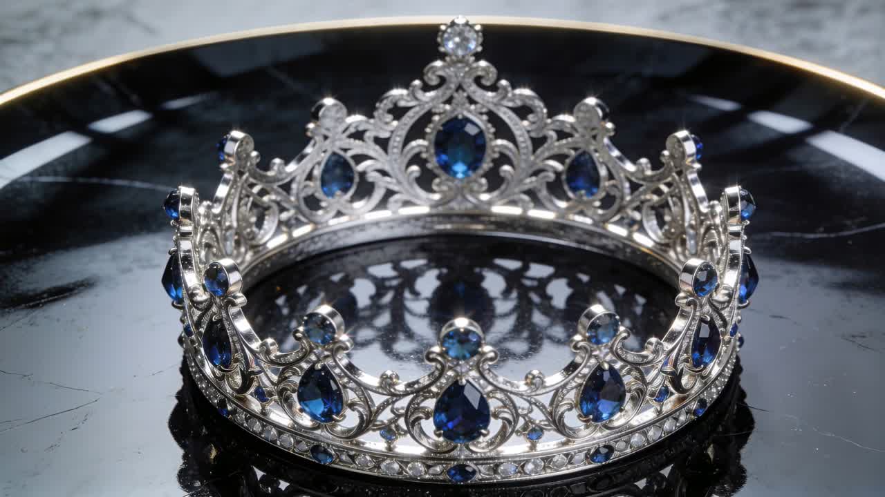 Tiara de plata sobre una bandeja negra, con iluminación de estudio resaltando los reflejos en gemas azules para un anuncio de joyería.